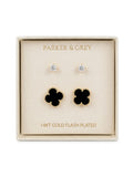 PARKER & GREY – Set Aretes Trébol Negro y Zirconia en Baño de Oro 14K