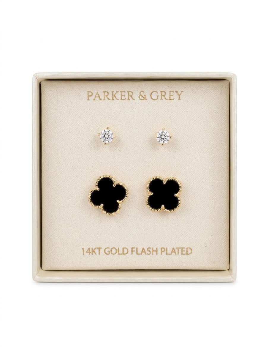 PARKER & GREY – Set Aretes Trébol Negro y Zirconia en Baño de Oro 14K