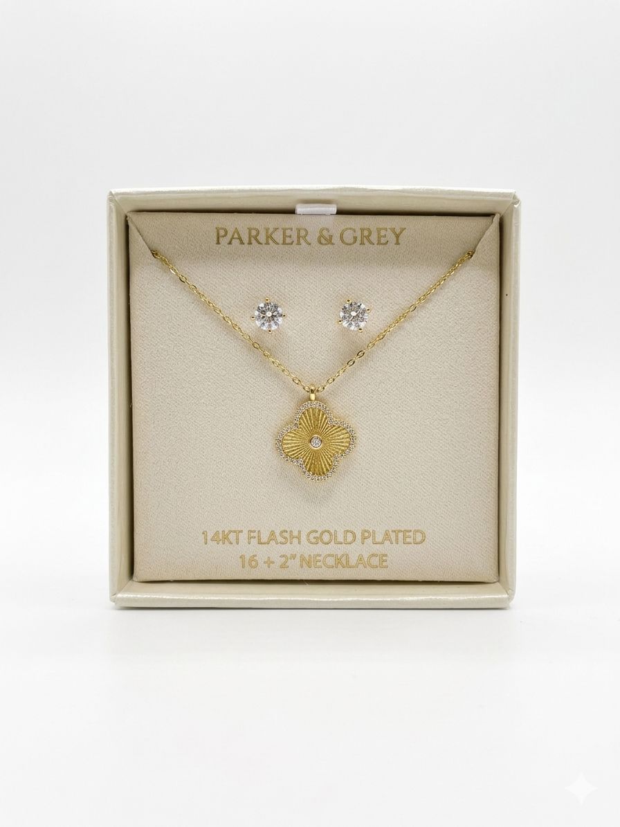 PARKER & GREY – Set Collar y Aretes Flor Dorada con Zirconia