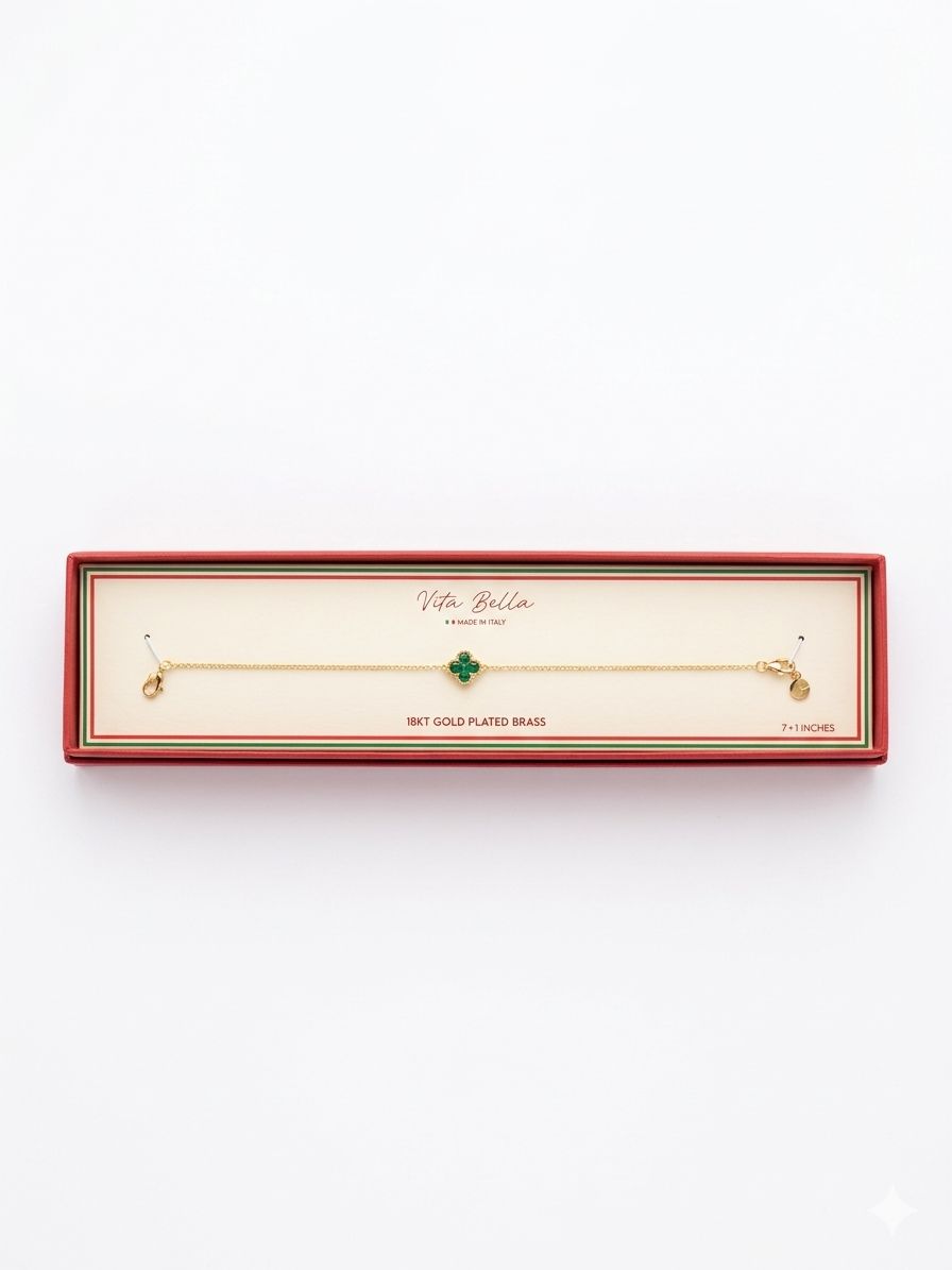Vita Bella – Pulsera Trébol Verde Ajustable en Baño de Oro 18K