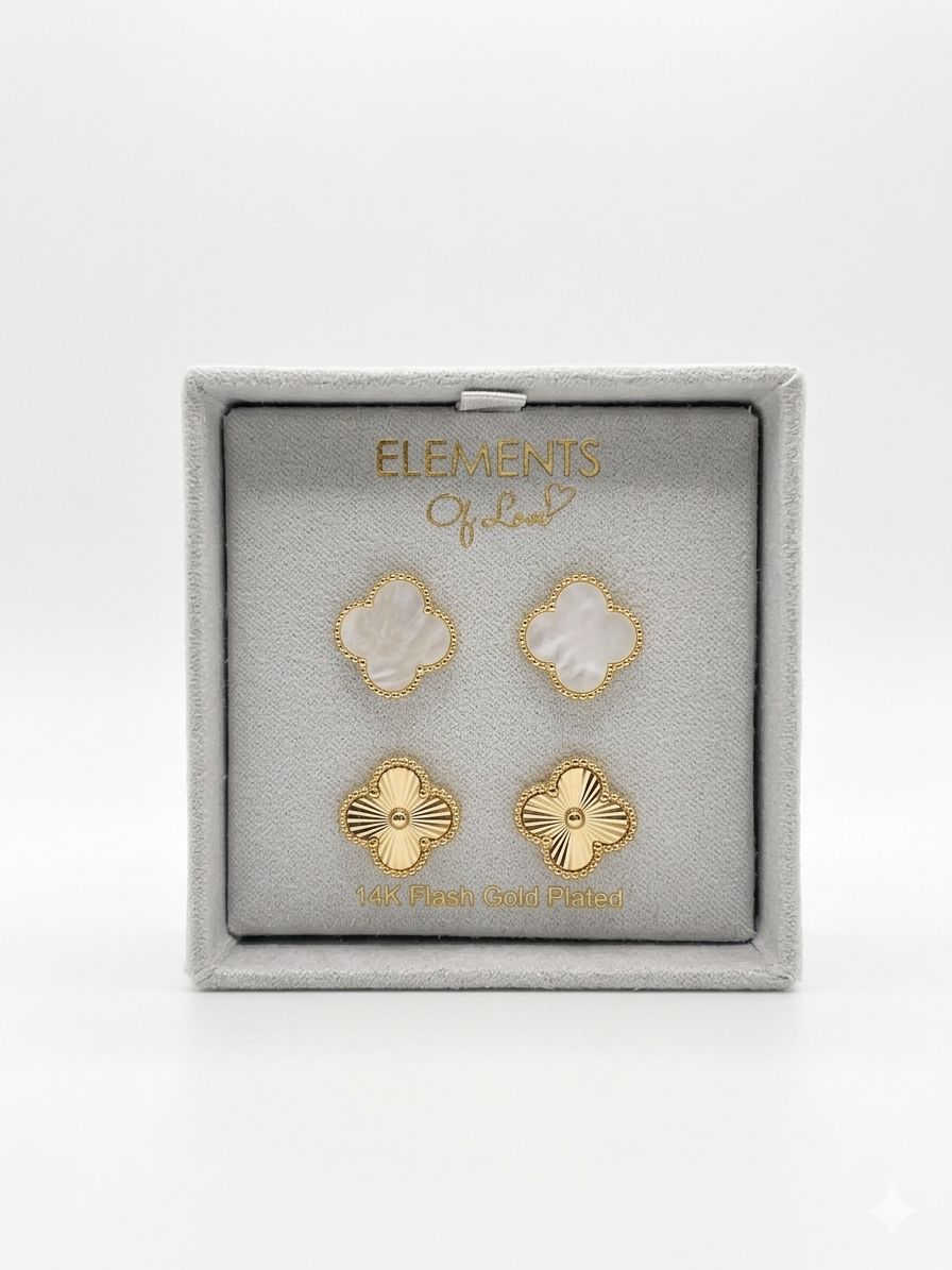 ELEMENTS – Set de Aretes Trébol Nácar Dorado y blancos