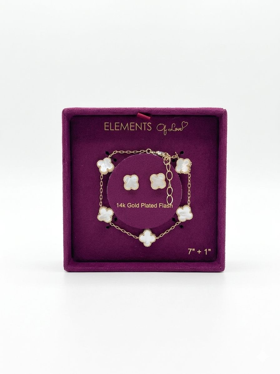 ELEMENTS – Set Pulsera y Aretes Trébol Nácar Dorado