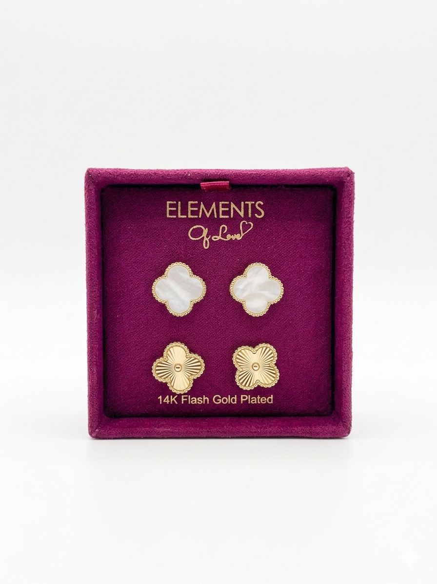 ELEMENTS – Set de Aretes Trébol Nácar Dorado