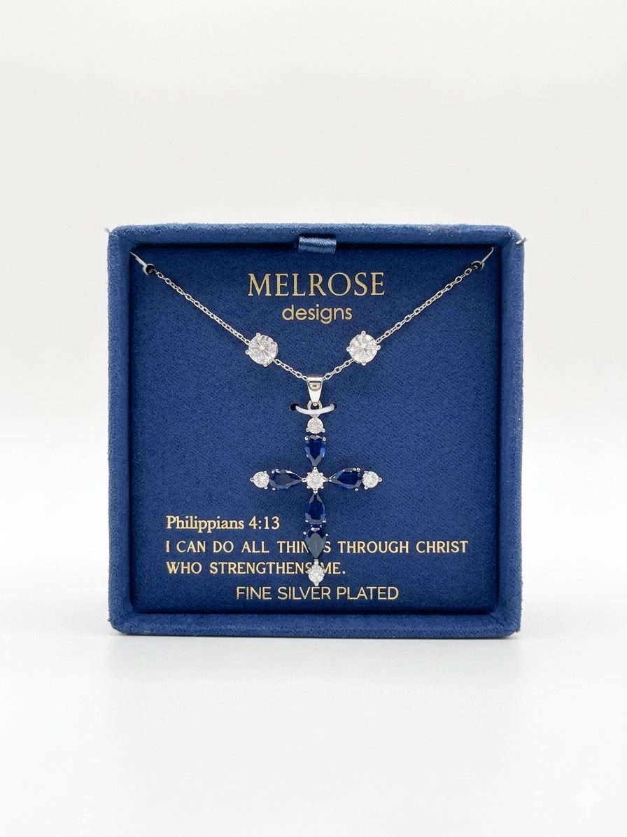 MELROSE Designs – Collar Cruz Cristal Azul con Cadena Plateada
