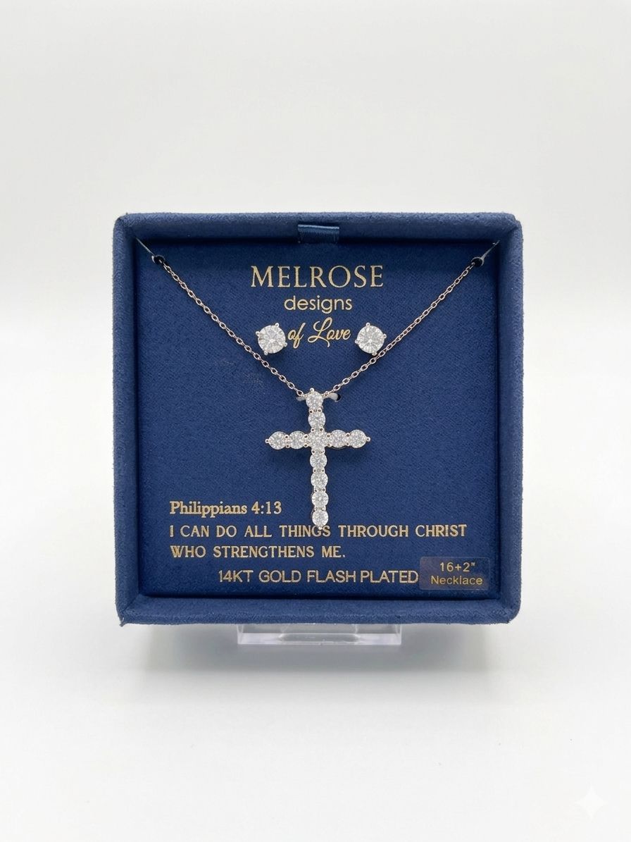 MELROSE Designs – Set Collar Cruz con Zirconias y Aretes en Baño de Oro 14K